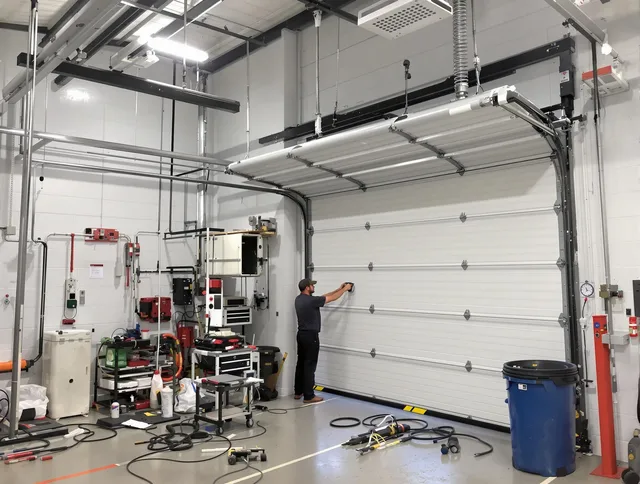 Pembroke Garage Door Repair certified technician performing commercial door repair at a Pembroke business facility