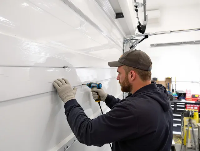 Pembroke Garage Door Repair technician demonstrating precision dent removal techniques on a Pembroke garage door