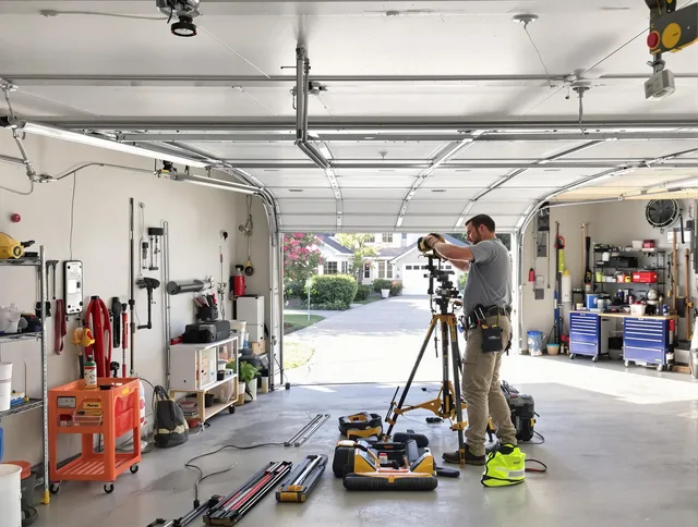 Pembroke Garage Door Repair specialist performing laser-guided track alignment in Pembroke